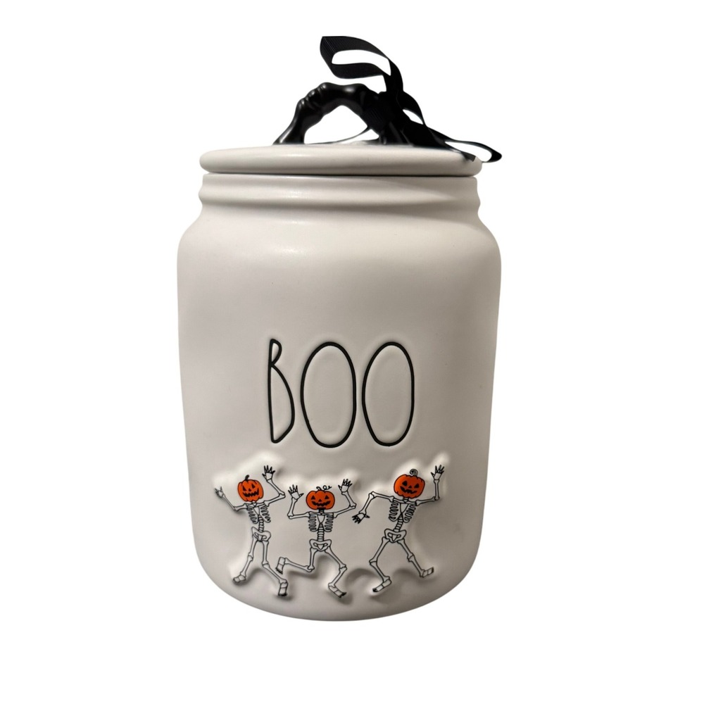 Rae Dunn Artisan Halloween BOO‎ Jar Pumpkin Skeletons Ceramic Canister